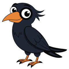 Cartoon crow with orange beak and feet is standing on a plain background