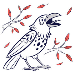Stylized crow perched amid falling autumn leaves with its beak wide open in the wind