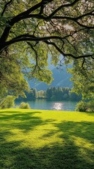Fototapeta premium Lush green lawn, shaded by a large tree, overlooking a tranquil river and mountains. Sunlight filters through leaves, creating dappled shadows