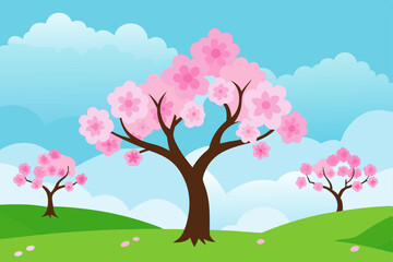 realistic spring landscape with blooming cherry 