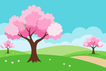 realistic spring landscape with blooming cherry 