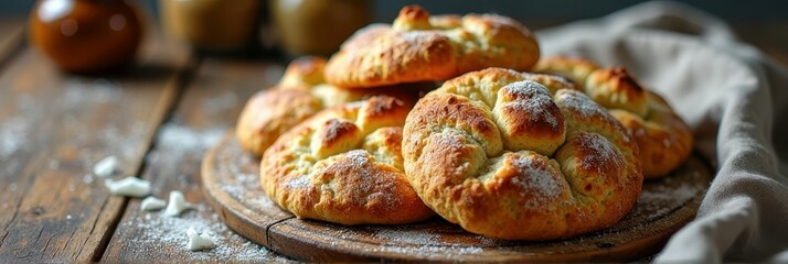 Freshly baked rustic bread rolls on wooden table with flour dusting