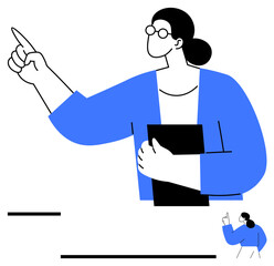 Woman wearing glasses raising hand as if making a point, holding a notebook. Ideal for education, leadership, teaching, motivation, mentoring, training communication. Flat simple metaphor