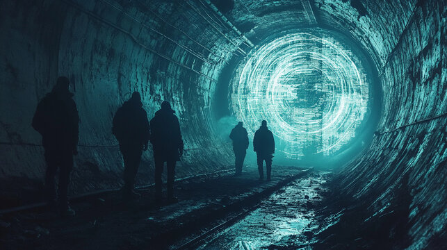 A daring team ventures into a glowing portal at the end of a dark mysterious tunnel a quest for the unknown captured in