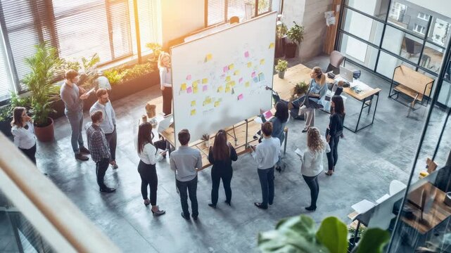Professional team collaborating, using colorful sticky notes on whiteboard while brainstorming strategic ideas in modern, bright workspace during collaborative planning session - Powered by Adobe