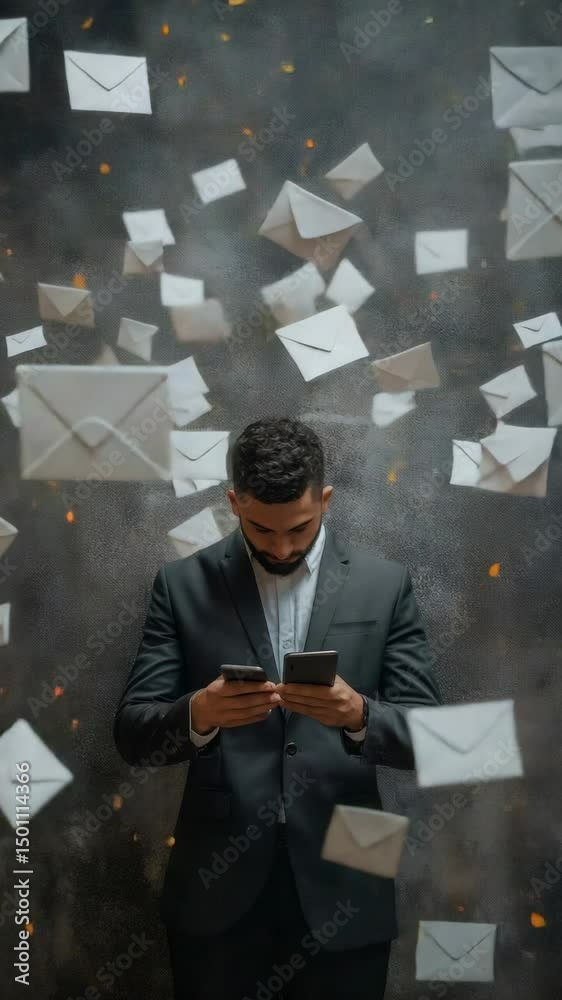 Poster Businessman is using a smartphone with multiple flying envelopes in the background, representing communication overload and the challenges of managing information in the digital age