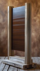 Modern standalone freestanding wood and metal framed mirror with wooden base piece