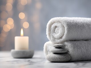 Rolled white towels, stacked stones, and a lit candle create a serene, spa-like atmosphere with soft, warm lighting in the background