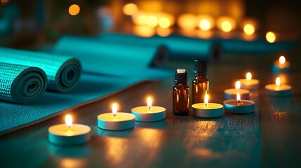 Serene Yoga Studio, Teal Mat, Essential Oils, Candles