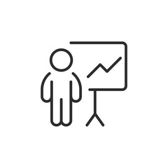 This effective line icon represents a business presentation, showing a person by a growth chart, ideal for symbolizing data, analytics, and professional discussions in various contexts
