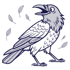 Cartoon raven standing and cawing with falling leaves around it creates a dynamic scene