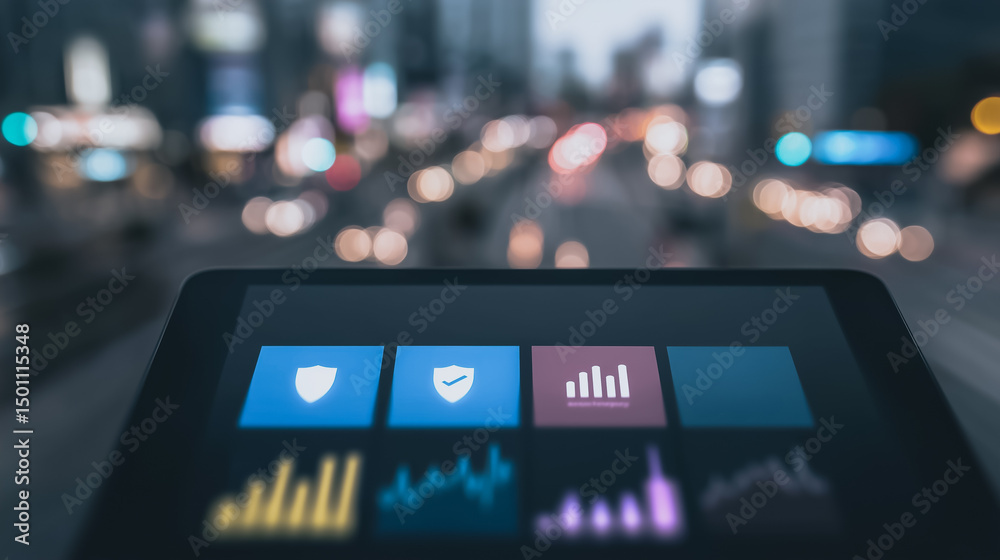 Poster cybersecurity dashboard on tablet: a tablet displays a cybersecurity dashboard with security and dat