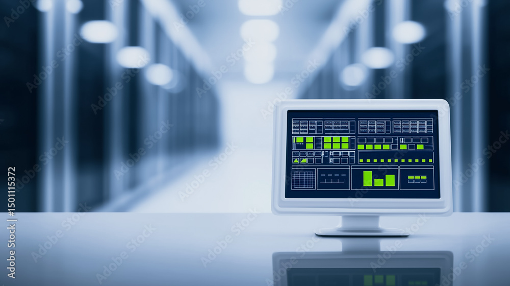 Poster data center monitoring: a close-up shot of a computer monitor displaying server data metrics, set ag