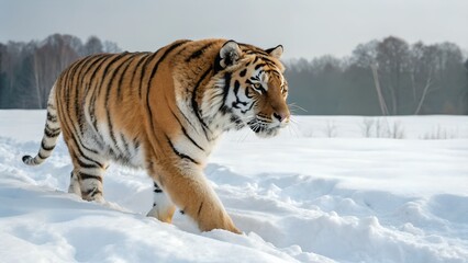 Obraz premium Siberian tiger gracefully traverses a snowy landscape with visible breath Generative AI