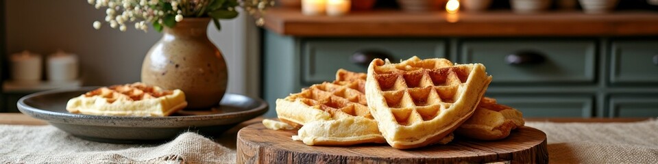Freshly baked waffles on rustic table with flowers and candles
