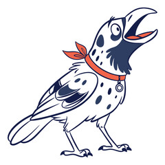 Spotted cartoon raven with open beak stands wearing bandana and collar looks upward