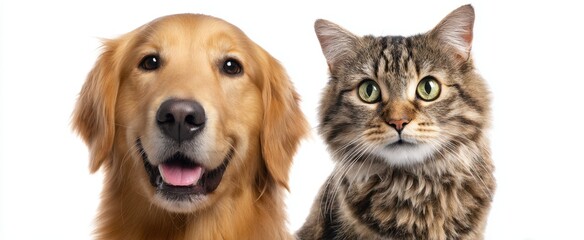 Fototapeta premium The happy golden retriever and tabby cat posing together for a delightful photo.
