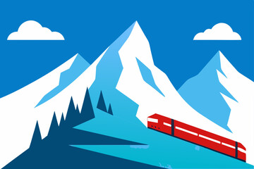 snow covered swiss alps with a train winding 