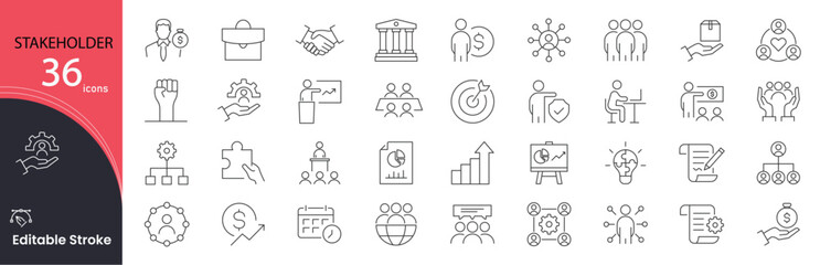 Stakeholder related icons set. Including investment, interest, company, communication, strategy, planning, responsibility, and involvement. Editable stroke. outline icons.