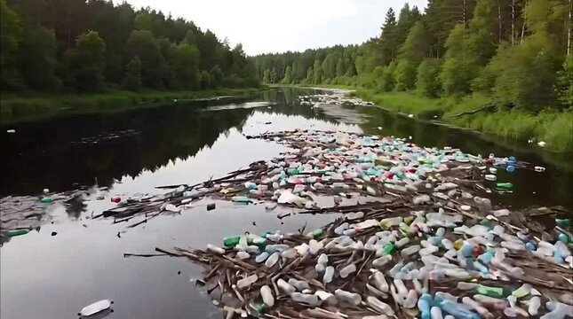 Global Trash Crisis: Heavily Polluted River with Plastic Bottles