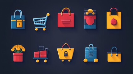 Shopping themed icons featuring bags, cart, and flowers with cute, simplified designs against a dark backdrop