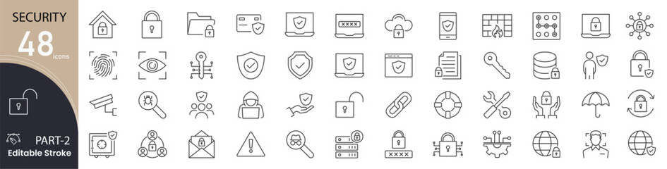 Security related icons set. Including lock, shield, password, firewall, protection, privacy, encryption, and access. Editable stroke. outline icons. © Icon Fusion 