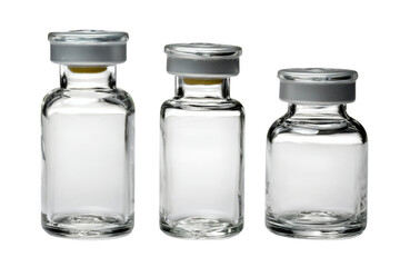 Three empty glass vials isolated on transparent PNG background