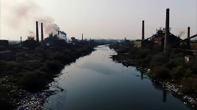 Dystopian View: Polluted River in Industrial Decay & Thick Smoke