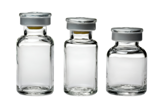 Three empty glass vials isolated on transparent PNG background
