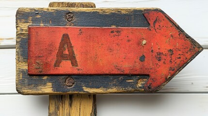 Rustic directional sign with a letter, aged and weathered, pointing to the right