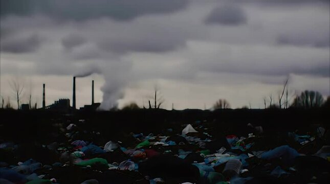 Polluted Landscape: Trash, Gray Skies & Distant Factories