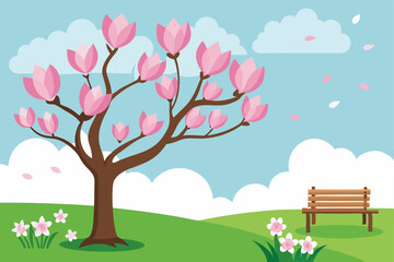 spring garden with blossoming magnolia trees 