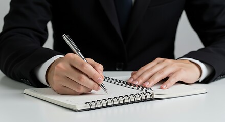 Person writing in notebook at white table