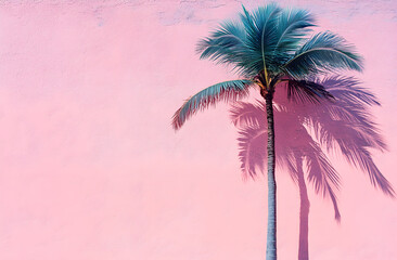 Fototapeta premium Pastel blue pink gradient background palm tree shadow. Minimalist abstract tropical design summer beach vacation. Wall decor, wallpaper, social media, web design, advertisement.