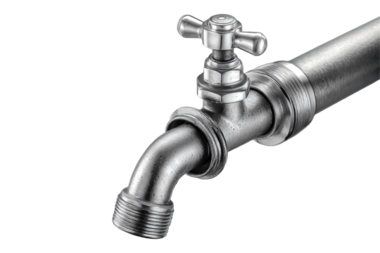 Metallic faucet close up isolated on transparent PNG background