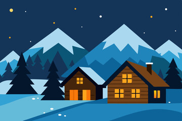 traditional wooden cabins glowing warmly under sno.svg