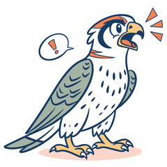 Obraz premium Cartoon falcon loudly exclaims with exclamation bubble, using triangle speech shapes on a white backdrop