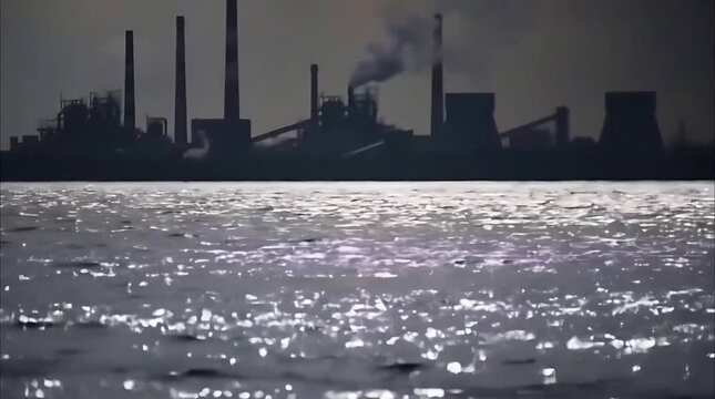 Pollution Footprint: Oily Film on Water Near Factories in Daylight