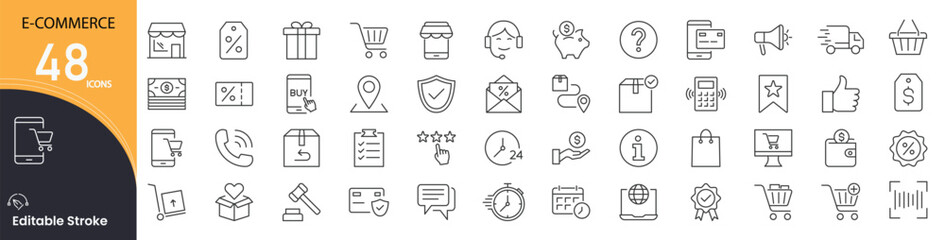 Ecommerce related icons set. Including shopping, cart, store, product, payment, delivery, online, and sale. Editable stroke. outline icons.