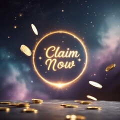 Neon Circular Call-to-Action with Floating Coins and Cosmic Background