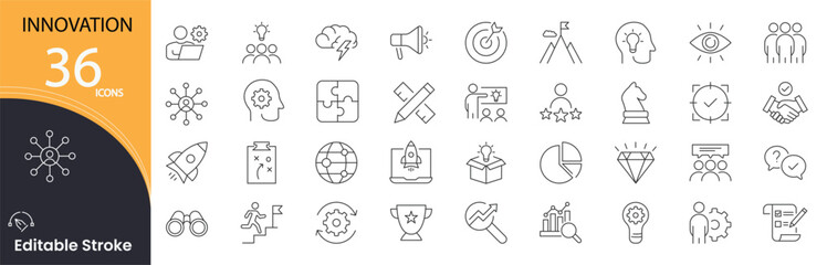 Innovation related icons set. Including idea, lightbulb, tech, research, creativity, invention, and progress. Editable stroke. outline icons.