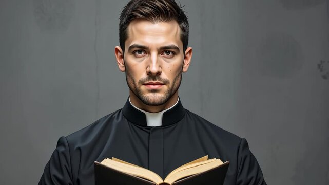 Young serious caucasian priest in black clerical clothing holding open Bible, standing against neutral studio background. Concept of faith and devotion