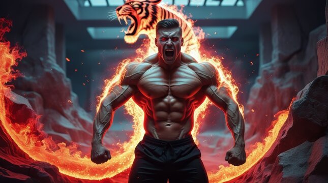 Mythical warrior with fierce lion head behind in fiery volcanic landscape