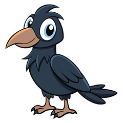 A cartoon crow with big blue eyes and detailed feathering stands facing right