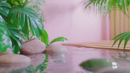 Serene Spa Oasis, Pink Background Water Stones Plants