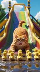 playful kitten exploring vibrant outdoor playground with ducks and colorful slide