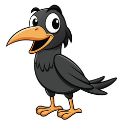Friendly cartoon crow smiling with orange beak and feet stands happily in place