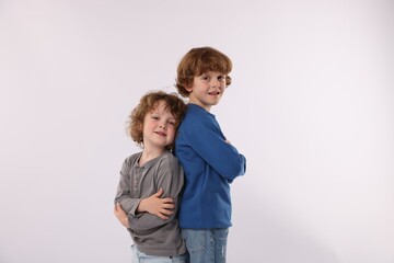 Cute little brothers posing on white background