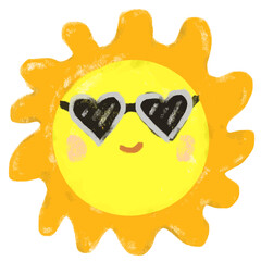 cute orange yellow sun wearing black heart love glasses in a summer tropical vibe crayon kids doodle watercolour illustration vector clipart sticker