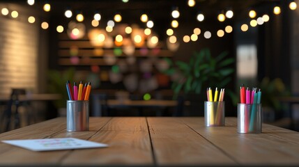 Colorful pencils on wooden table in creative space